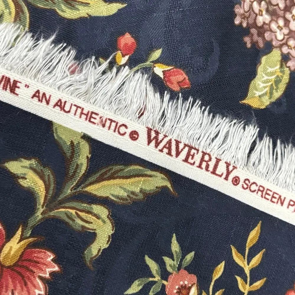Waverly Screen Print Club House Vine fabric remnant navy floral Made in USA 6yd
